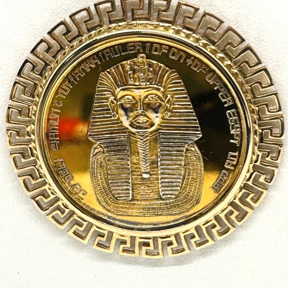Tutankhamun Gold-tone Coin Pendant Necklace Egyptian Symbols & Greek Key Border - Picture 2 of 14